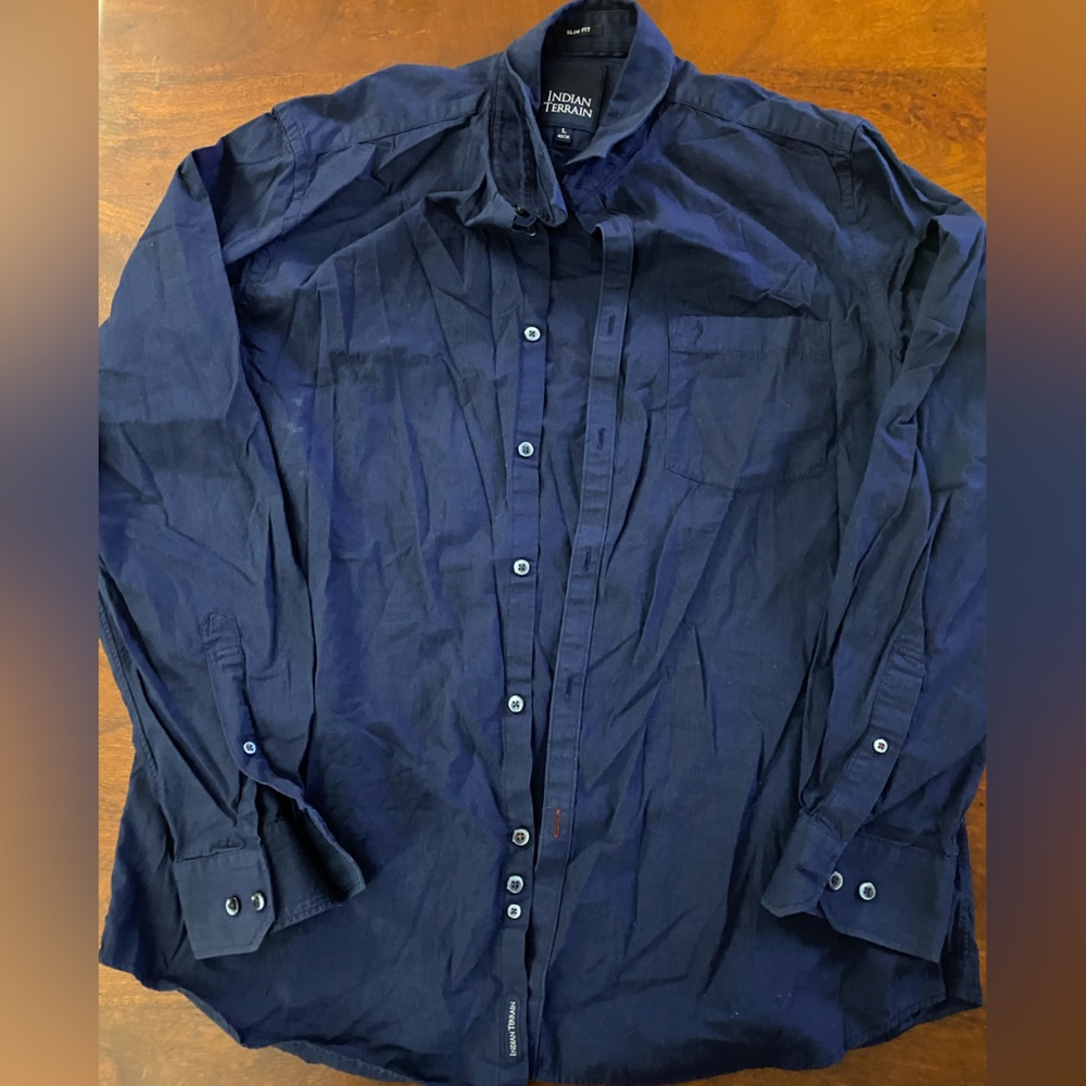 Indian Terrain Shirt Mens L Blue Button Up Long Sleeve Pocket Casual Preown
